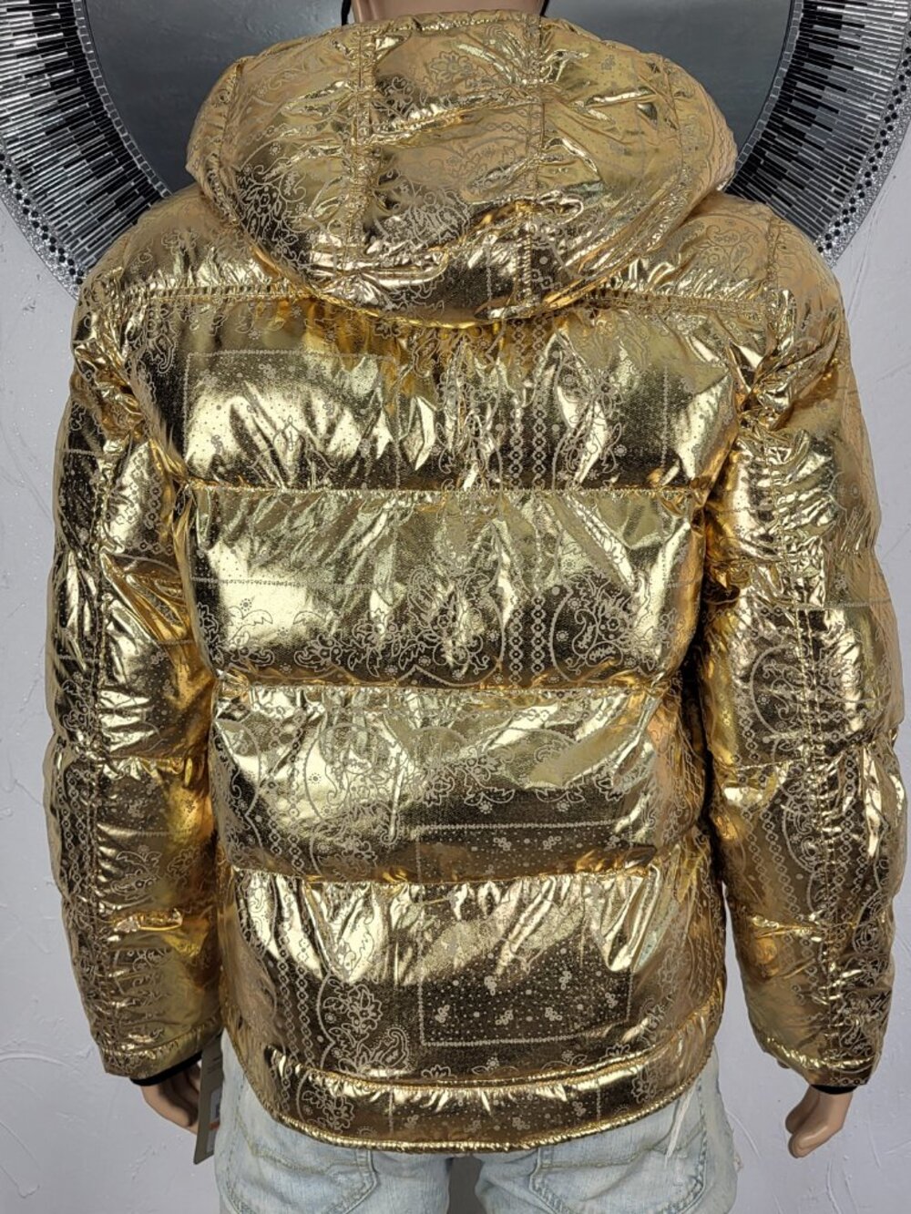 NWT~$225~LEVIS~SZ S~MENS GOLD METALLIC PUFFER BOMBER JACKET HOODED COAT POCKETS - Picture 11 of 16